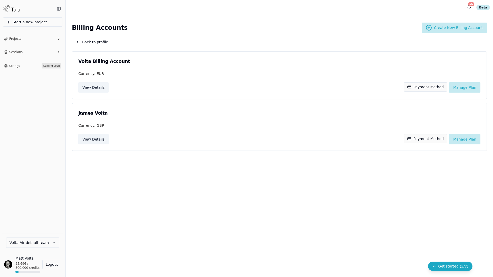 Billing Accounts list — Upgrade Plan / Manage Plan button per account