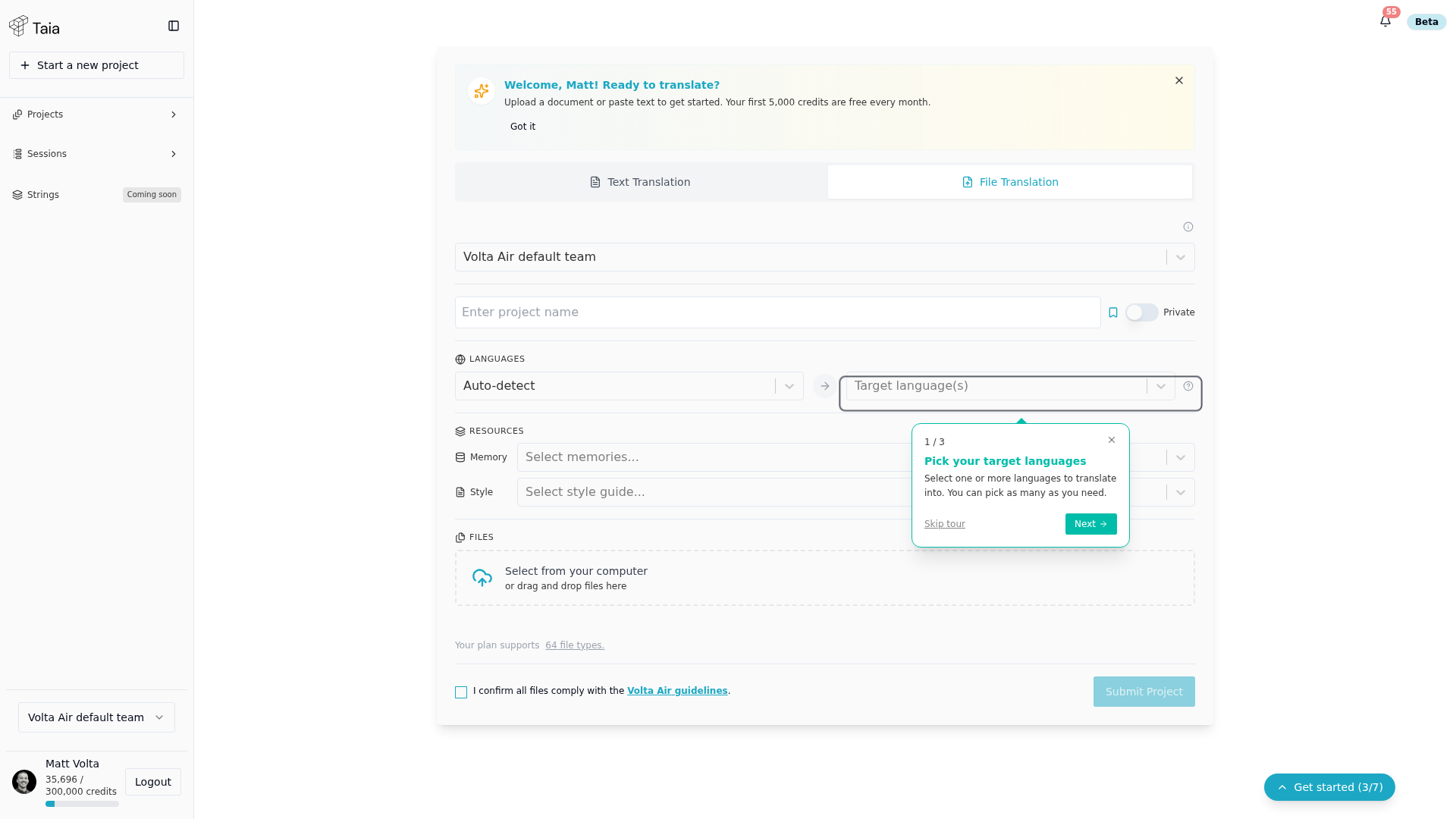 Home page — File Translation tab, no files selected yet