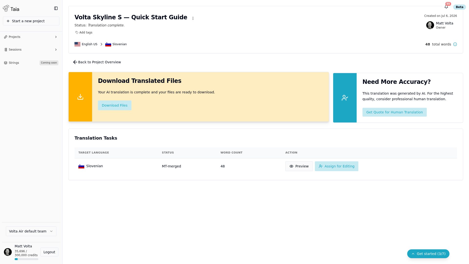 Completed AI translation — Download Files button, per-language task table