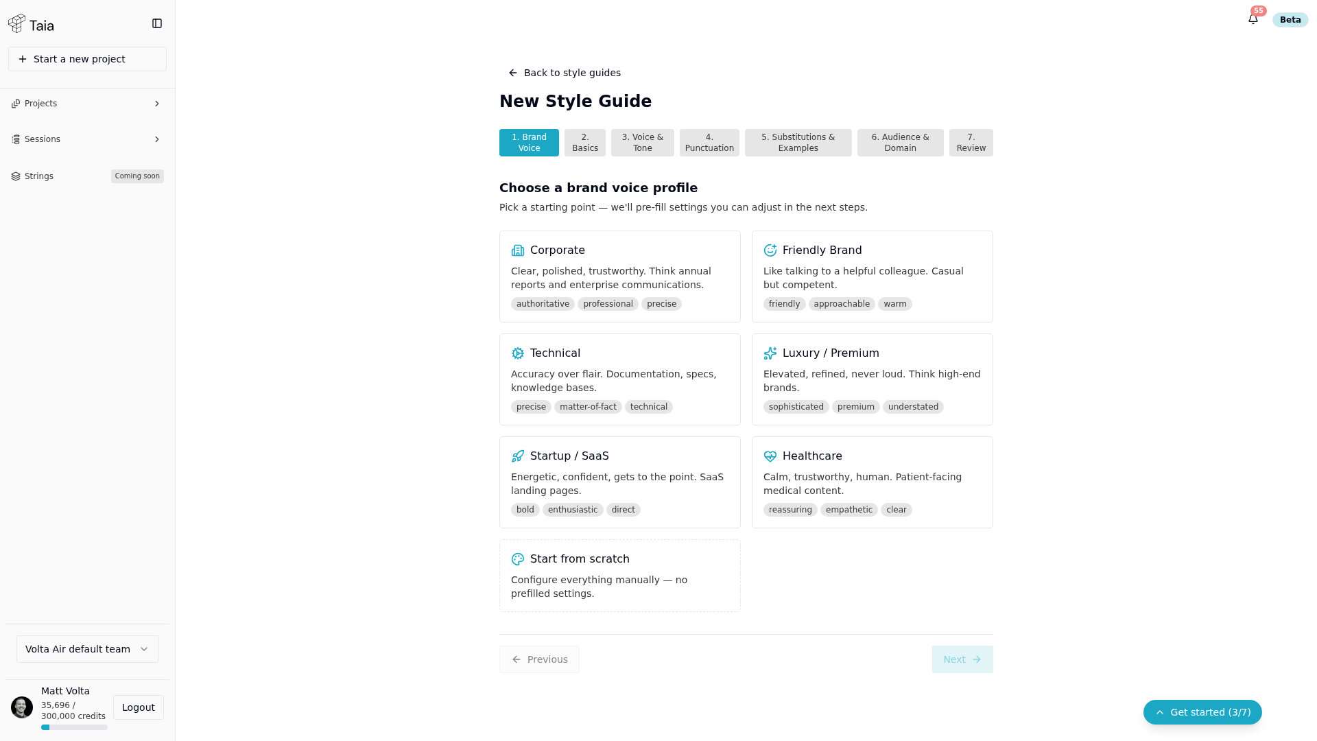 New Style Guide wizard — step 1, brand voice profile selection