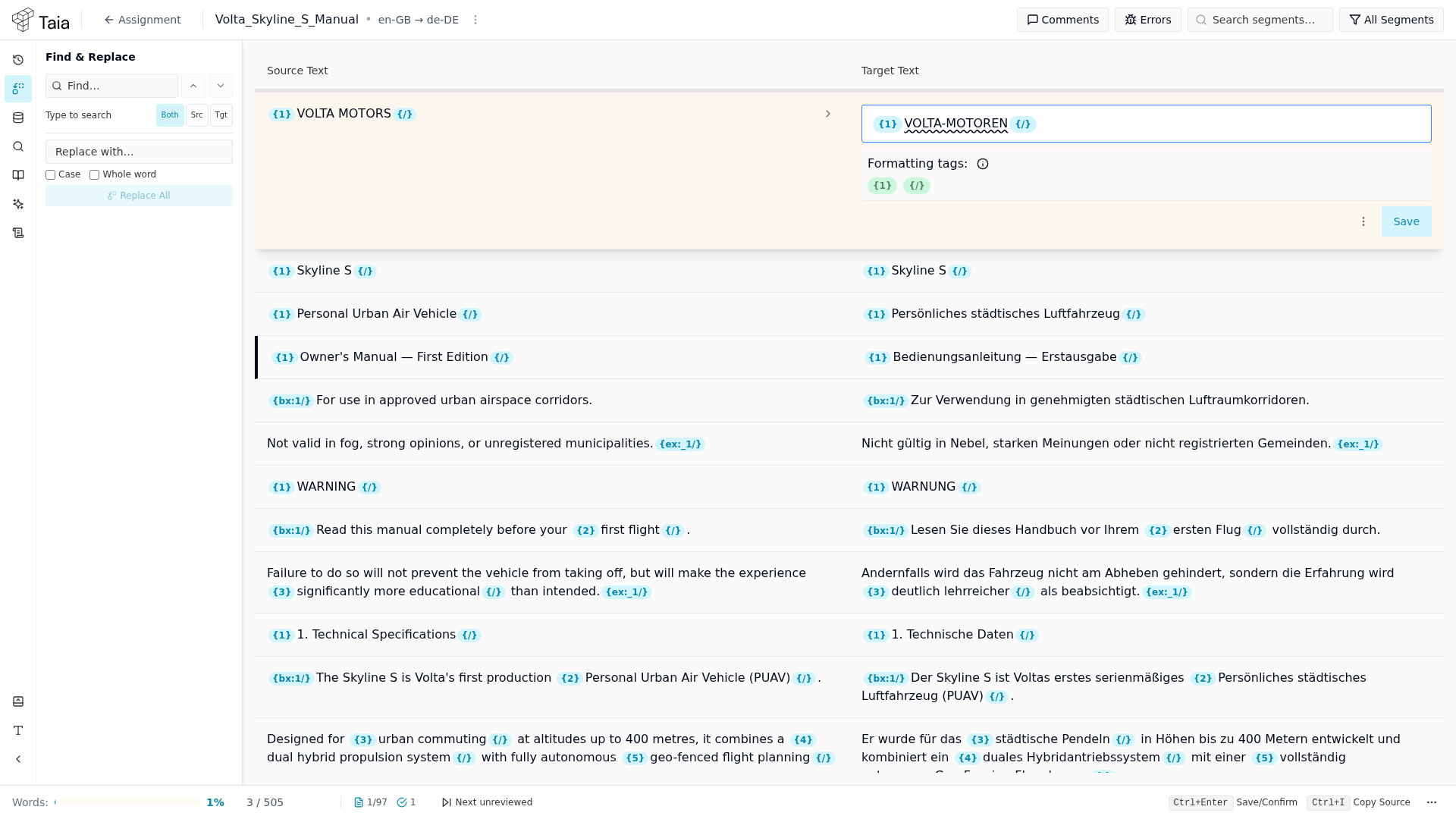 Segment row selected and expanded — inline target editor and Save button