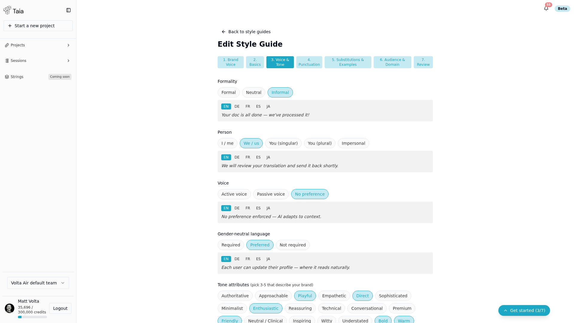 Style guide wizard — Voice &amp; Tone step, in edit mode