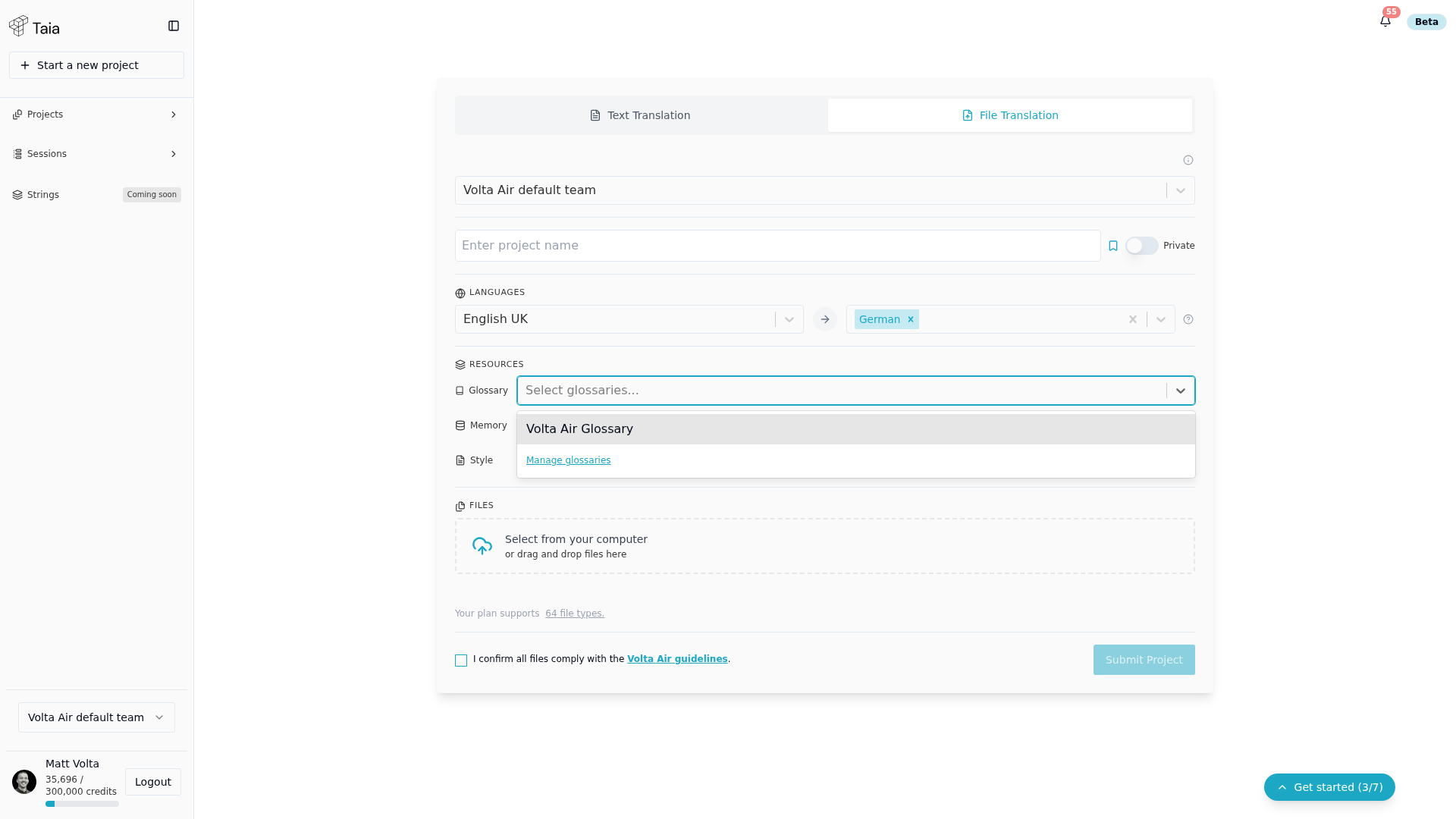 Project setup — Glossary dropdown open, showing the glossaries available to this project