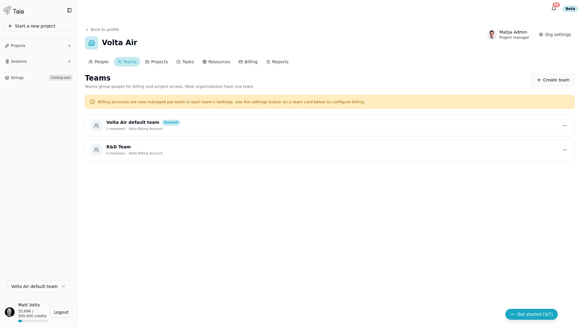 Teams tab — team list with Create team button