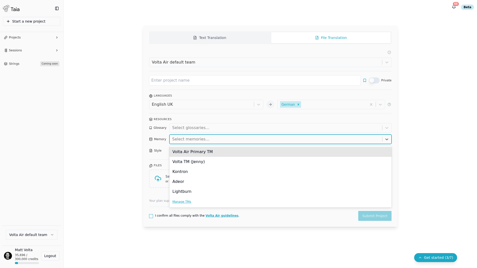 Project setup — Translation Memory dropdown open, showing the TMs available to this project