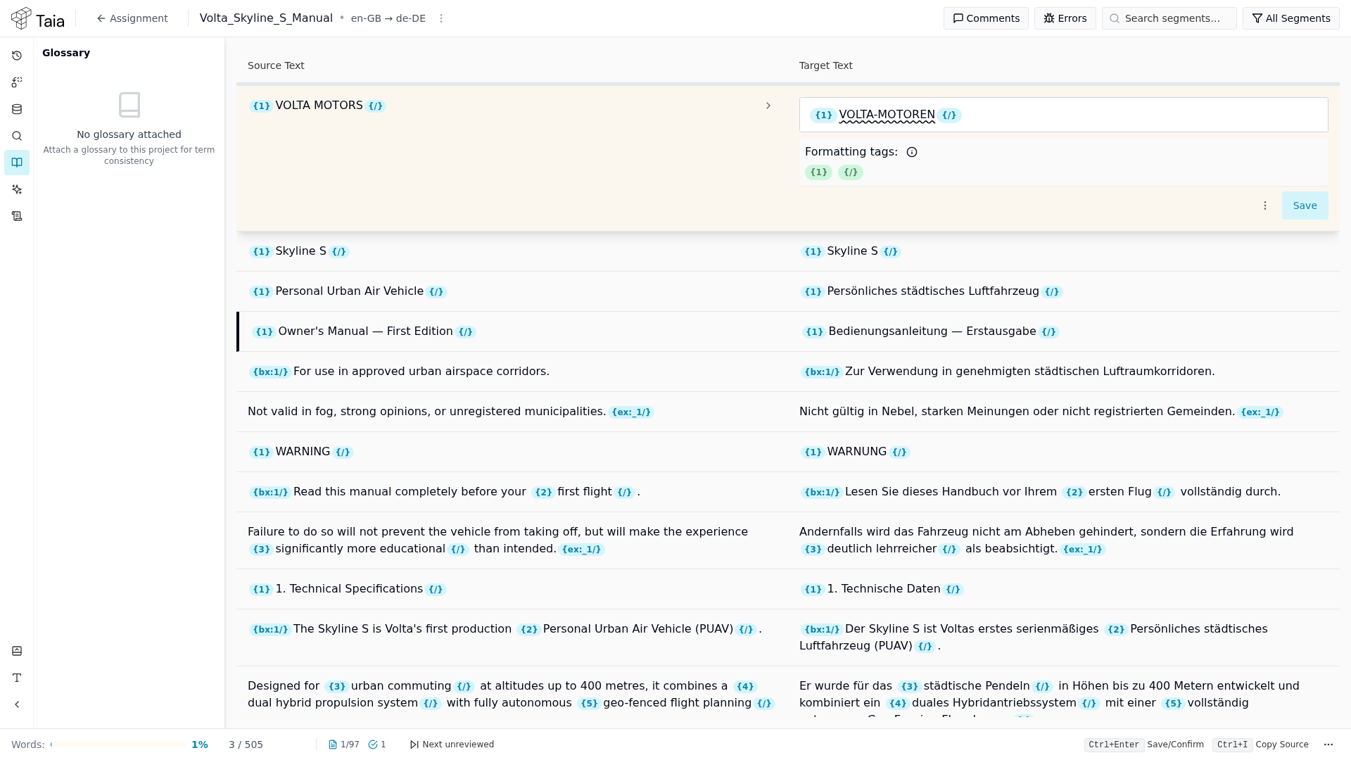 Glossary sidebar panel (shown here with no glossary attached to this project — the Missing/Correctly matched/All terms sections render in this same panel once one is)