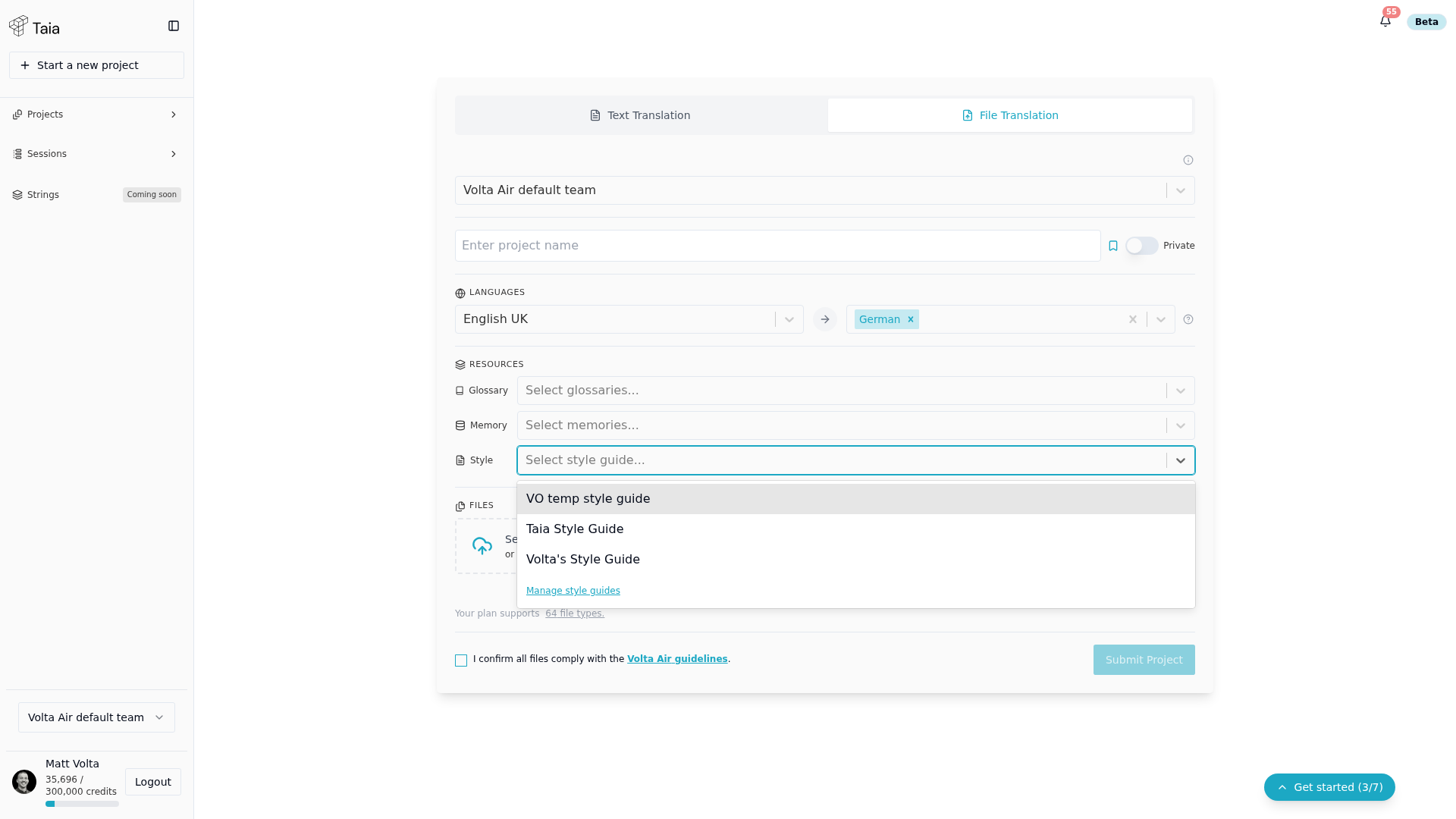 Project setup — Style Guide dropdown open, showing the style guides available to this project