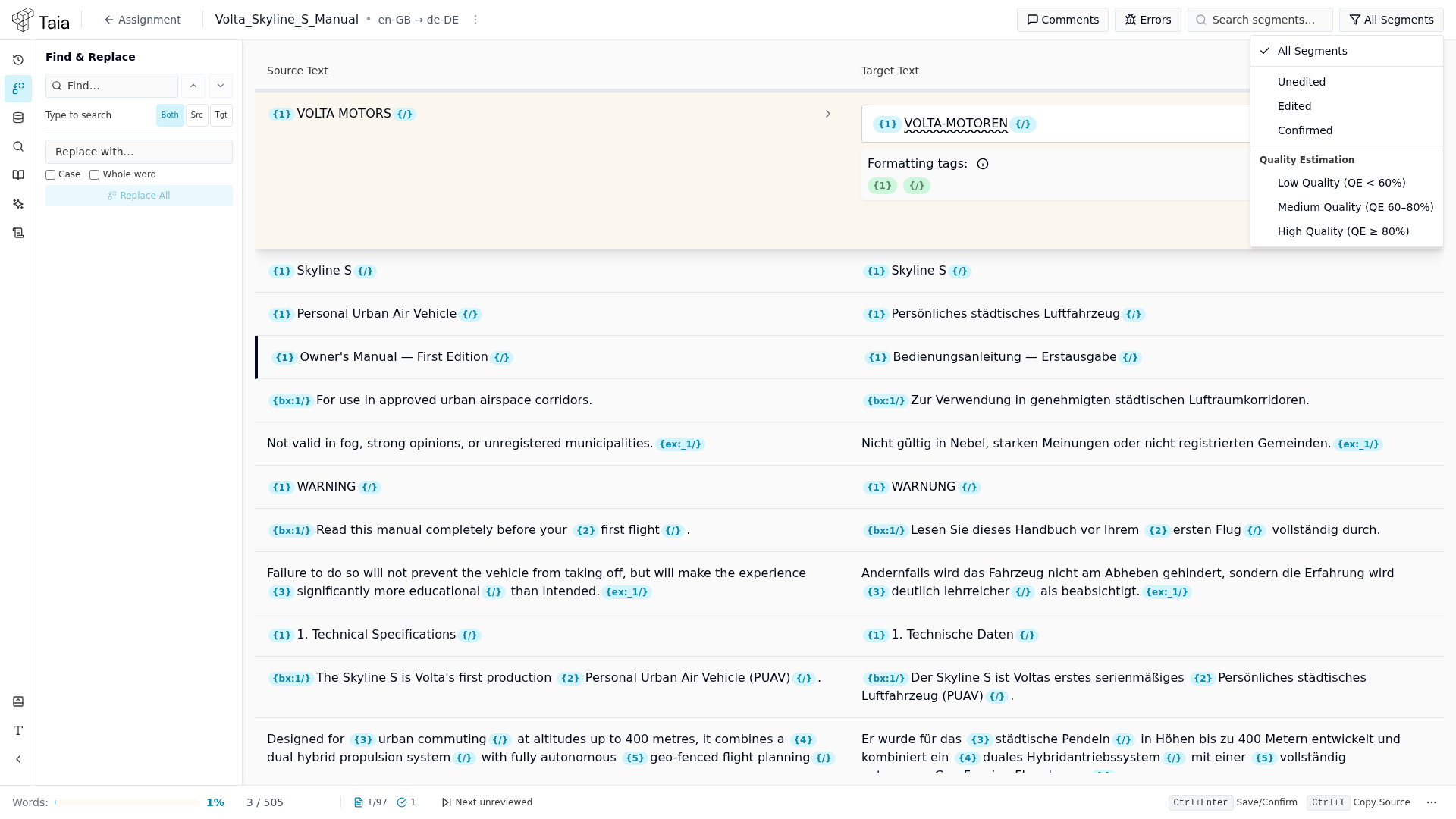Segment Filter dropdown — status options plus Quality Estimation group