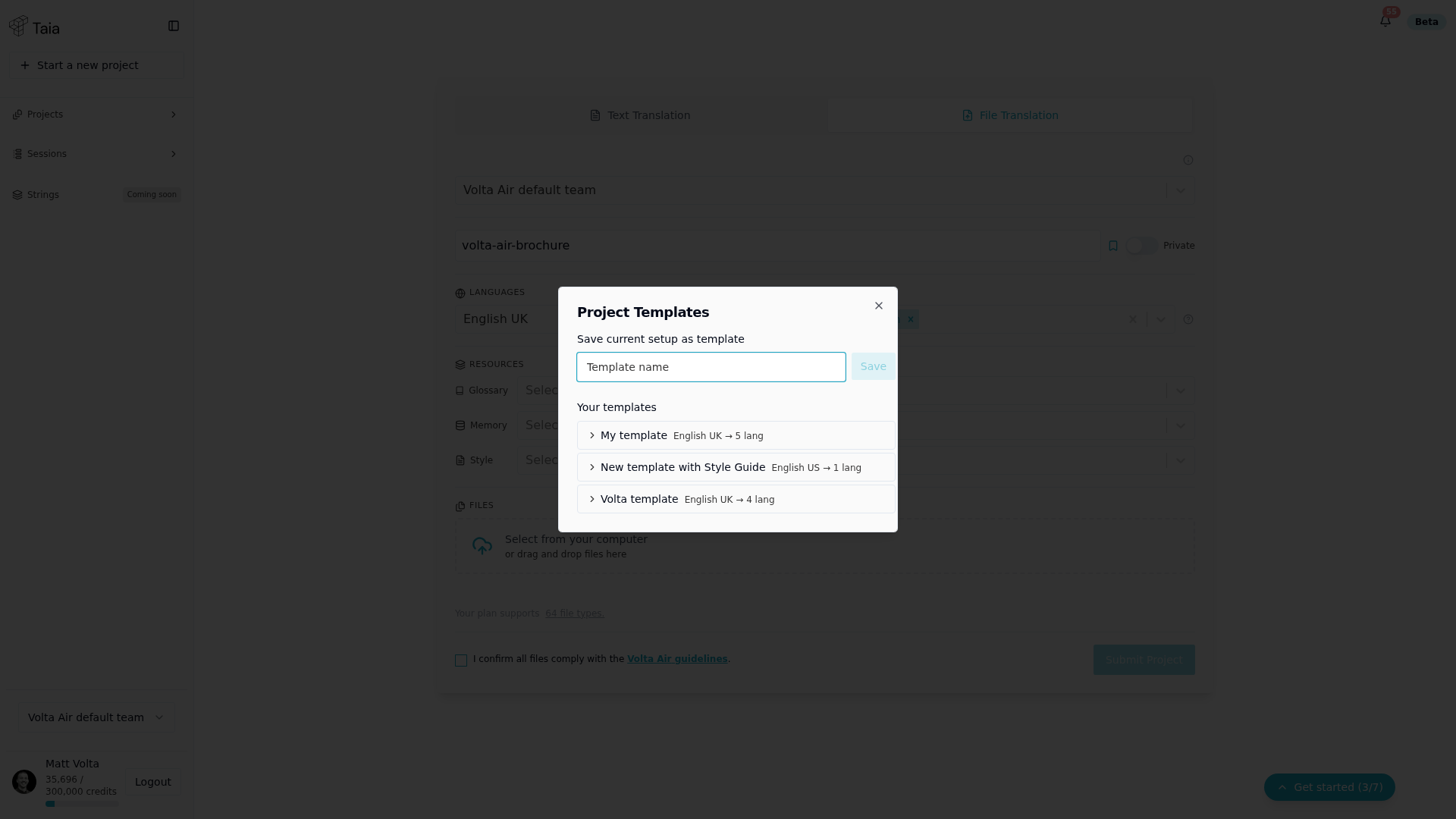 Project Templates dialog — Save current setup as template, and existing templates below it