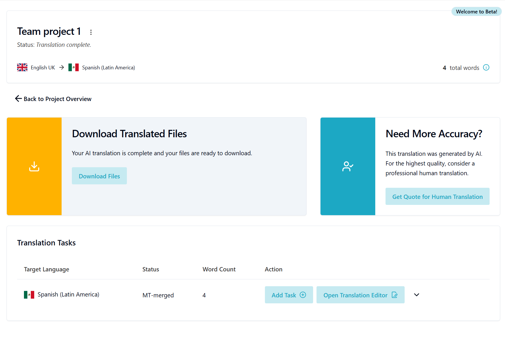 Translation tasks table in project view